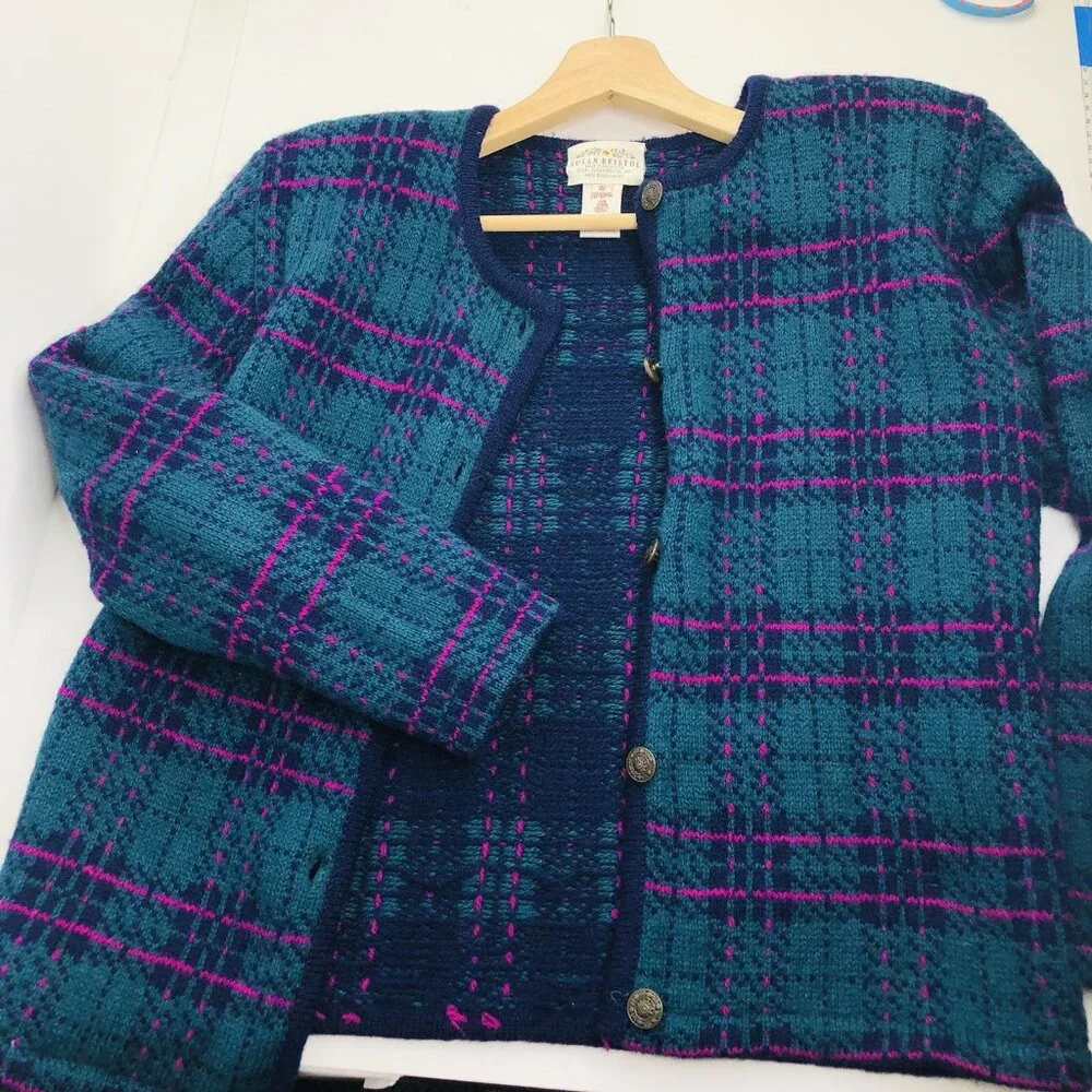 Vtg 90s SUSAN BRISTOL Dark Green Wool Button Up Plaid Cardigan Sweater S Women - Picture 5 of 5